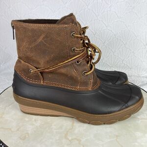 Sperry Duck Boots Womens Size 7 Black Brown‎ Leather Outdoor Rubber Rain Booties